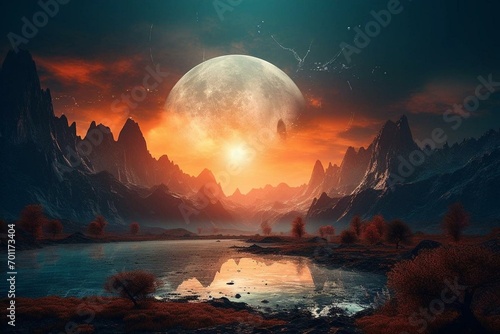 A dreamlike eclipse in vivid space scenery. Digitally painted imaginative landscape. Generative AI © Bobby
