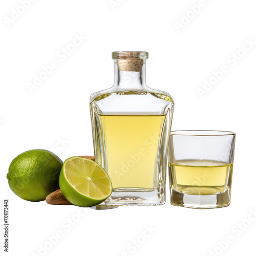square-shaped bottle with a cork stopper filled with a yellow liquid next to a transparent glass containing the same liquid and a whole green lime