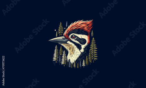 head wood pecker on forest vector artwork design