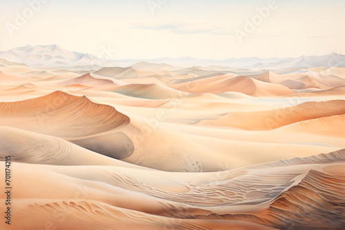 Endless deserts unfold, dunes shaped by the wind into mesmerizing, shifting patterns. A timeless scene in a watercolor painting.