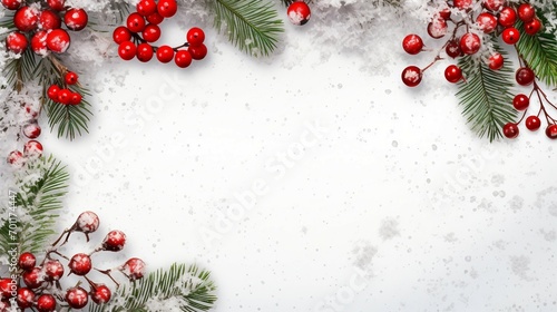 Christmas background with snow fir tree branches and red berries. Top view with copy space
