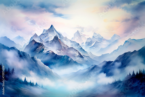 Majestic mountains ascend to the heavens  veiled in ethereal mist and crowned with glistening snow-capped peaks   a picturesque watercolor painting.