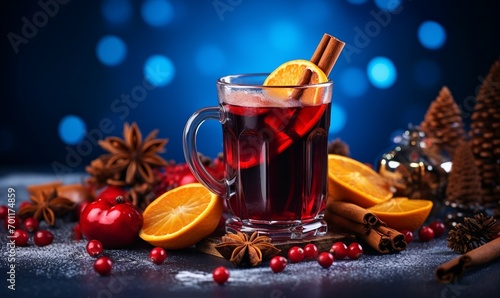Mulled wine with spices and christmas decoration on dark background