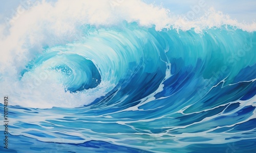 Blue ocean wave with white foam on blue sky background. 3d illustration