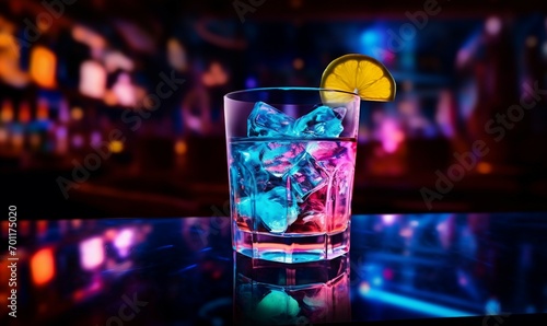 Glass of cocktail with ice cubes on the bar counter in the nightclub