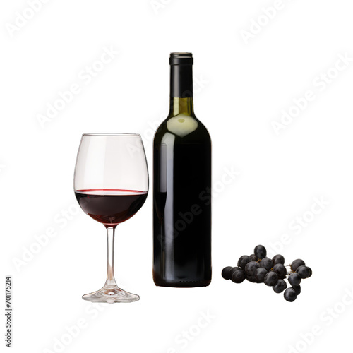 bottle of red wine with a blank white label next to a filled wine glass and a cork on a white background