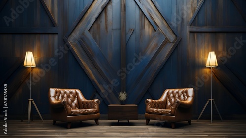 Two leather chairs - barnwood background - lamps - cabin - rustic - design and decor - living room photo