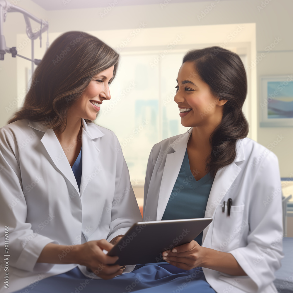 Smiling Female Healthcare Professionals Consulting Over Tablet in Hospital Room Smiling Female Healthcare Professionals Consulting Over Tablet in Hospital Room