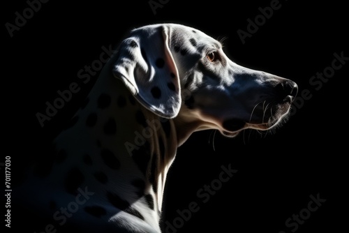 A high-contrast, chiaroscuro portrait captures a dalmatian dog against a black background.