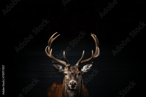 A sharp, front-facing portrait showcases a deer with antlers on its head.