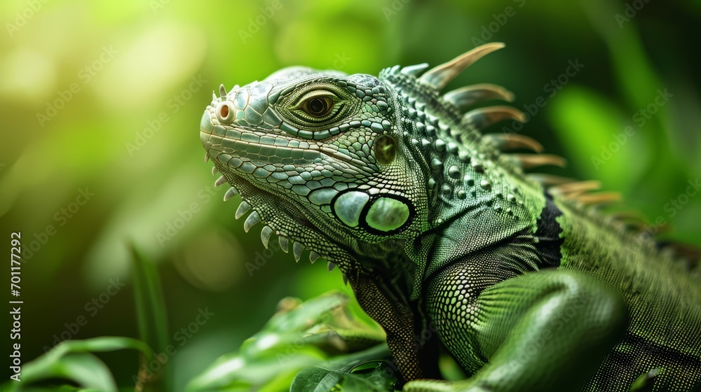 A lizard, possibly an iguana or basilisk, is seen in the grass, its green, scaly skin blending in.