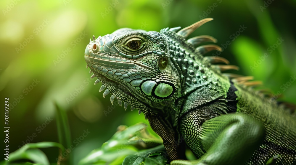 A lizard, possibly an iguana or basilisk, is seen in the grass, its green, scaly skin blending in. A lizard, possibly an iguana or basilisk, is seen in the grass, its green, scaly skin blending in.