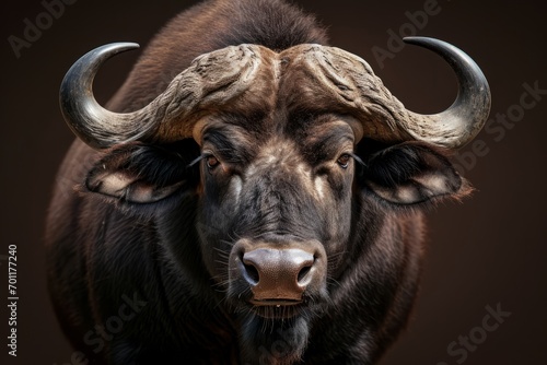 An intimidating animal, resembling a bull or buffalo, displays a fierce expression and large horns.