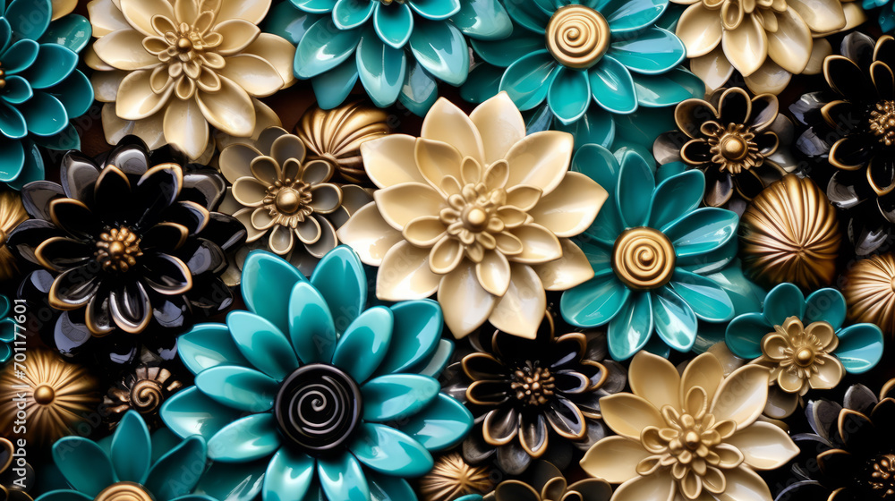 A chaotic background of blue and gold flowers, with intricate details, creates a swirling, ornate floral display. A chaotic background of blue and gold flowers, with intricate details, creates a swirling, ornate floral display.