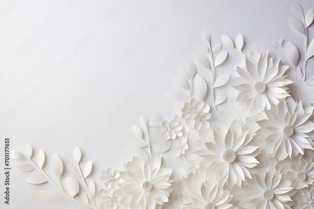 Paper cut flowers and leaves, Fresh spring nature background. Floral banner, poster, flyer template with copy space. Paper cut flowers and leaves, Fresh spring nature background. Floral banner, poster, flyer template with copy space.