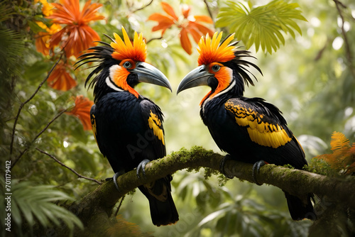 A couple of beautiful hornbills on a tree photo