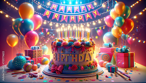 Happy birthday wallpapers greeting cards 3D happy birthday background, birthday cake illustration with candles Gifts for children and adults, Generative AI. photo