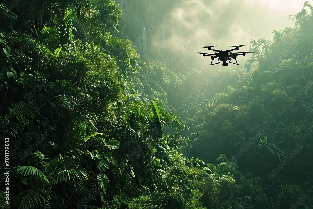 Fototapeta premium High tech aerial exploration. Modern drone flying over misty rainforest at sunset. Professional surveillance. Cutting edge technology in nature. Innovation in flight. Capturing beauty of foggy forest