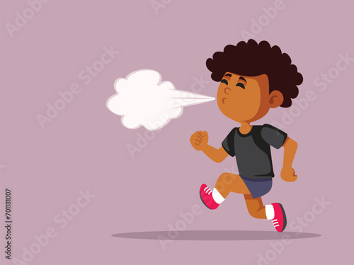 Child Running and fussing from Exhaustion Vector Illustration. Little kid running and exhaling from tiredness 
