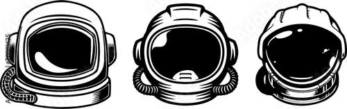  Spaceman helmets set. Design elements for label, sign, badge. Astronaut helmet, vintage set. Spaceman face in space suit,retro design in high HD resolution for poster, banner or flyer. photo