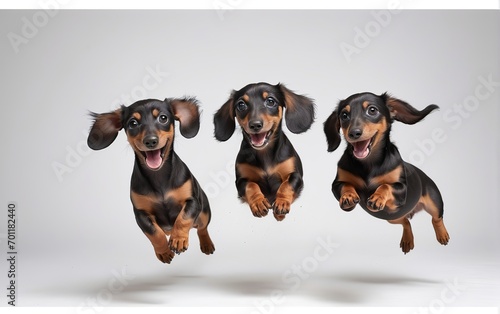 Cachorros dachshund (salchicha), saltando, sobre fondo blanco photo