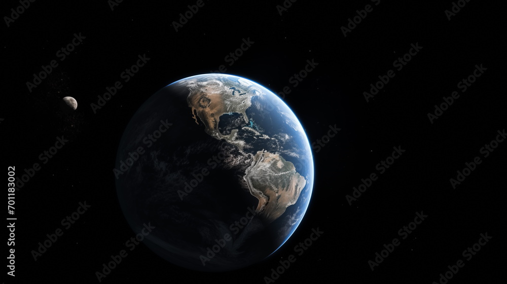 Earth planet in outer space. Earth and Moon, Solar system element. Satellite photo. Generated AI. Earth planet in outer space. Earth and Moon, Solar system element. Satellite photo. Generated AI.