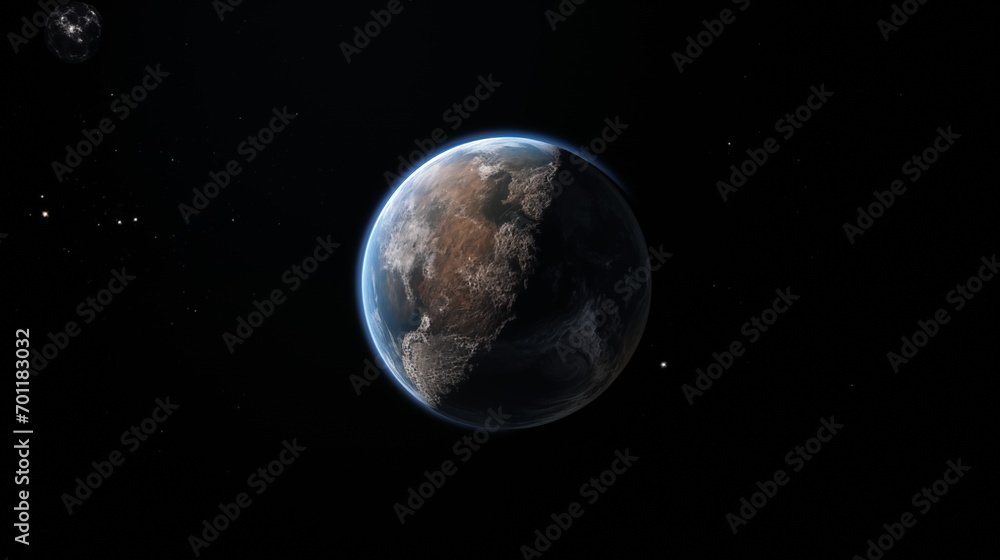 Fototapeta premium Earth planet in outer space. Earth and Moon, Solar system element. Satellite photo. Generated AI.