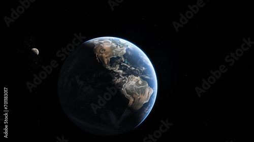 Earth planet in outer space. Earth and Moon, Solar system element.  Satellite photo. Generated AI. © jirayut