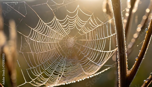 Close-up of a delicate spiderweb glistening with morning dew, backlit by the soft rays of the rising sun.