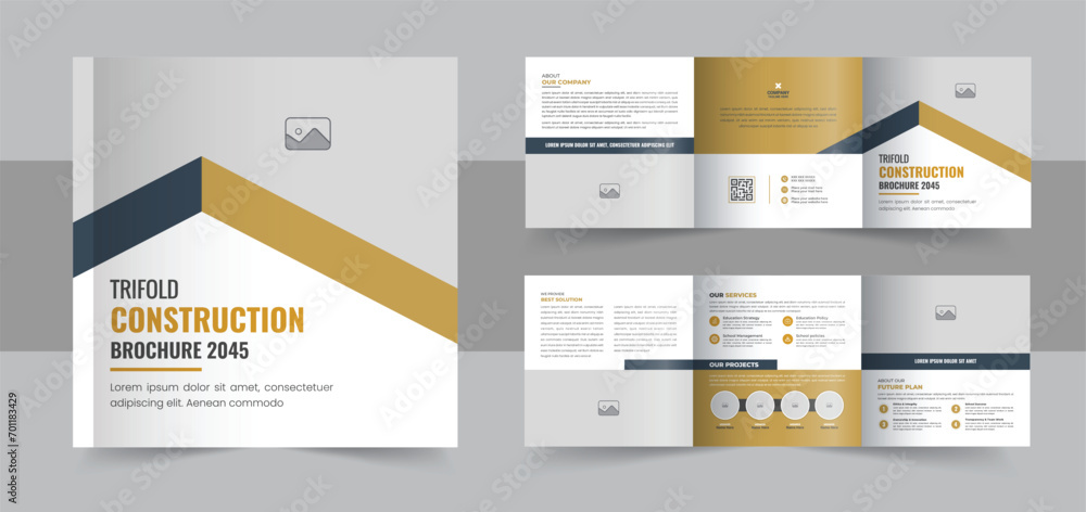 Modern construction and renovation square trifold brochure template design or real estate square trifold brochure layout - obrazy, fototapety, plakaty 