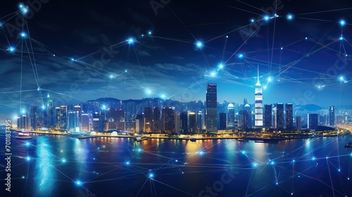 Smart city and intelligent communication network, night city, wireless connection technology concept, future technology concept
