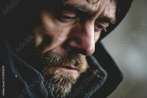 Male depression and loneliness. Close-up of a man\'s face suffering from a despairing feeling, looking down
