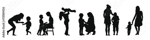 Vector collection of mom and kids walking silhouettes.