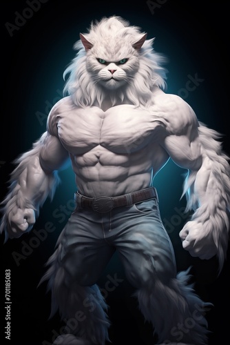 Fantasy portrait of a white fluffy cat with blue eyes and big muscles.