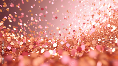 A luxurious cascade of rose gold sequins and glitter creates an opulent and shimmering background.