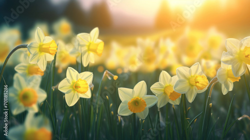 Glowing daffodils bask in the warm light of a sunset, showcasing the vibrant colors of early spring.