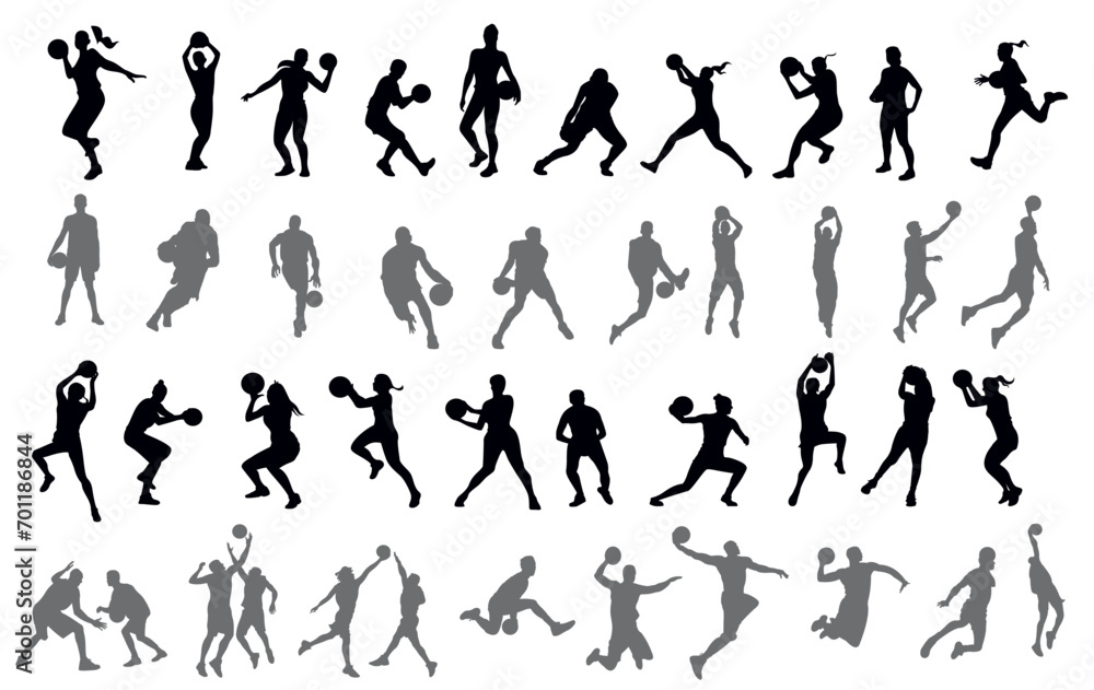 Vector set of male and female basketball player silhouettes.  Icon sets in various poses.