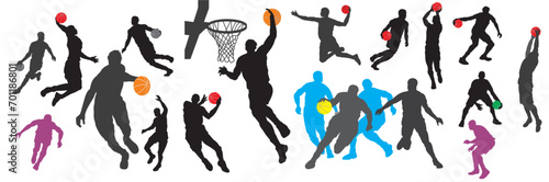 Vector set of silhouettes of basketball players. The player throws the ball while jumping