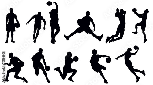 Vector set of silhouettes of basketball players. The player throws the ball while jumping
