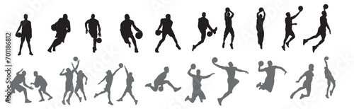 Basketball player silhouette. Group of different basketball players in different playing positions. Set of basketball players throwing ball isolated on white background  photo
