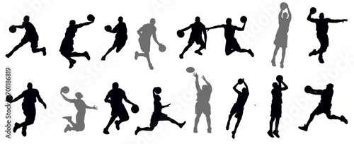 Basketball player silhouette. Group of different basketball players in different playing positions. Set of basketball players throwing ball isolated on white background 