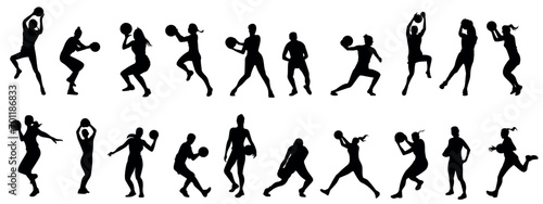 Vector set of male and female basketball player silhouettes.  Icon sets in various poses.