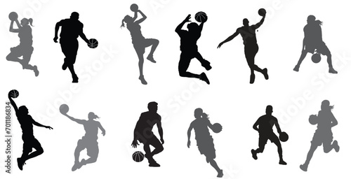 Vector set of male and female basketball player silhouettes. Icon sets in various poses.