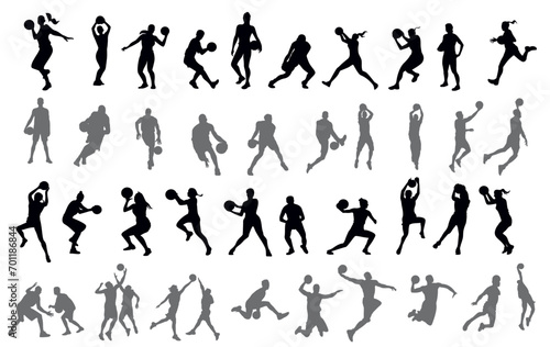 Vector set of male and female basketball player silhouettes. Icon sets in various poses.