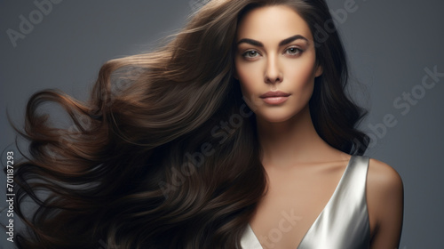 Studio portrait of a beautiful woman with long, luxurious brown hair flowing gracefully, exuding confidence and allure.