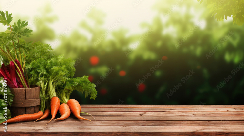 Freshly harvested carrots with lush green tops and a variety of herbs on a rustic wooden table, with a blurred garden background.