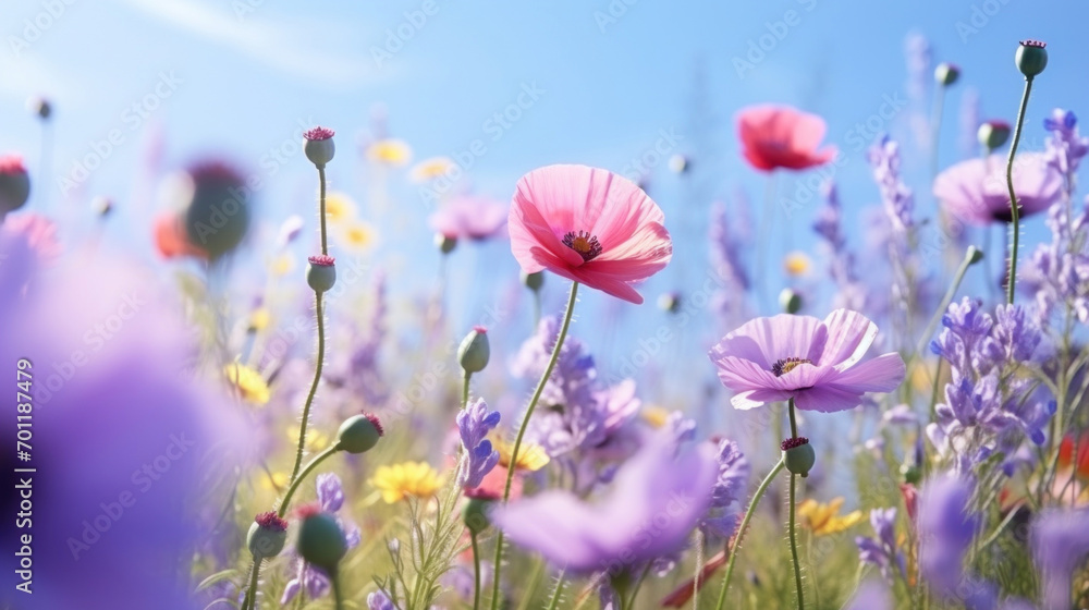 A beautiful field of pink and purple wildflowers with a clear blue sky, invoking a feeling of springtime freshness. A beautiful field of pink and purple wildflowers with a clear blue sky, invoking a feeling of springtime freshness.