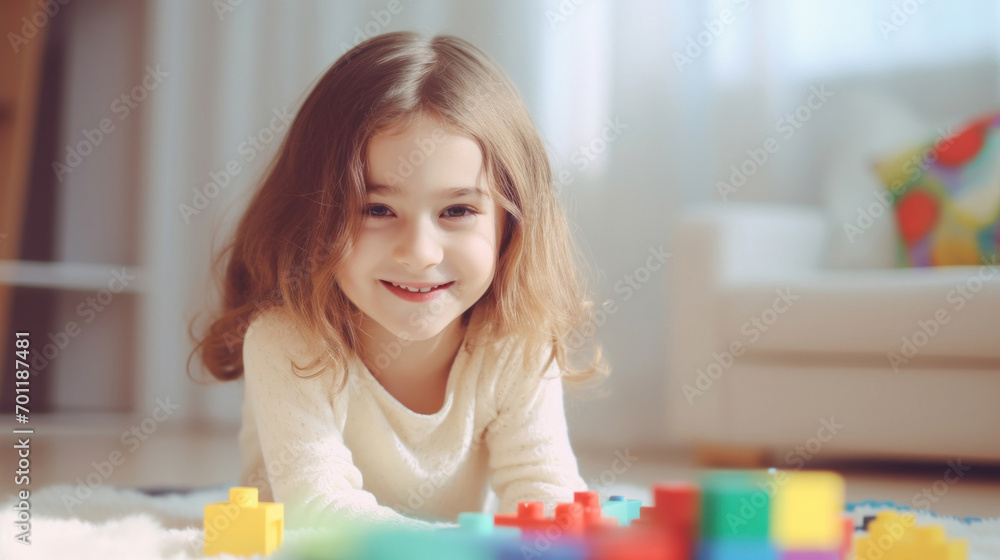 A young girl with a beaming smile playing with colorful building blocks on a soft carpet, depicting childhood joy. A young girl with a beaming smile playing with colorful building blocks on a soft carpet, depicting childhood joy.