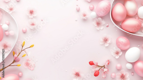 A pink-themed Easter setting with coordinating eggs and cherry blossoms on a light, airy background.