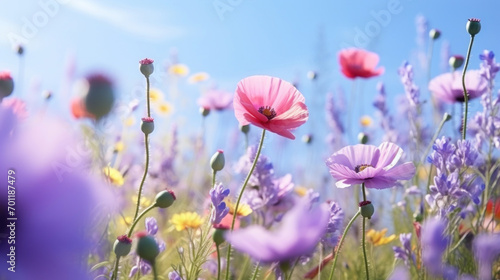 A beautiful field of pink and purple wildflowers with a clear blue sky, invoking a feeling of springtime freshness.